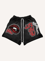 Red Lip Applique High-End Double Sleeve Print Shorts