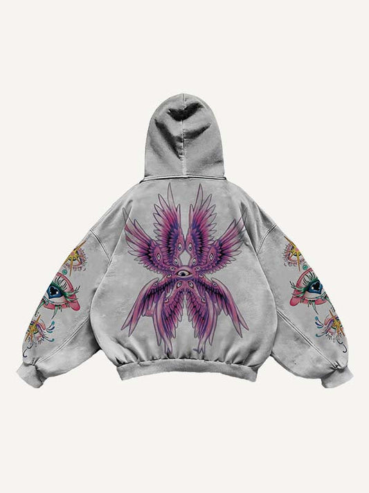 Eye Wing Print Slant Pockets Hoodie