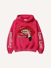 Do not touch the dangerous woman is red lips - Corduroy print hooded sweatshirt