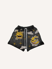 Evil Moon&Sun&Star&Cloud Print Drawstring Waist Shorts