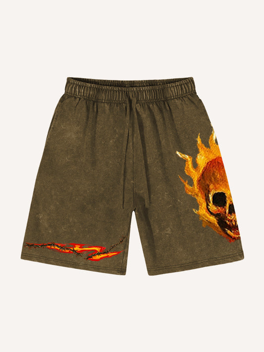 Hand-painted distressed flaming skull shorts