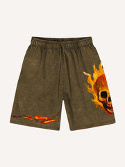 Hand-painted distressed flaming skull shorts