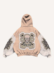 Colorblock Skull Star Faux Decal Print Slant Pockets Hoodie