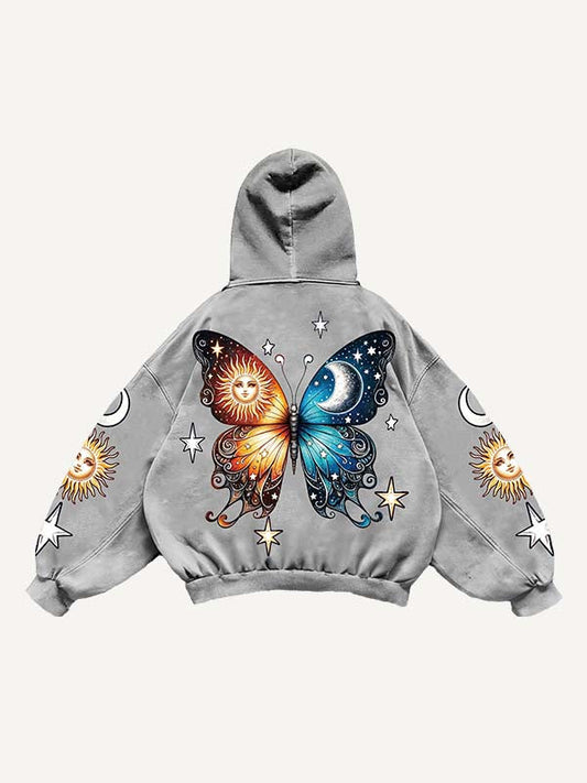 Butterfly Sun Moon Graphic Print Slant Pockets Hoodie