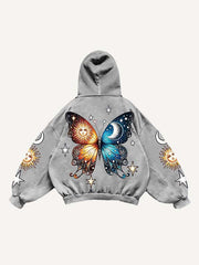 Butterfly Sun Moon Graphic Print Slant Pockets Hoodie