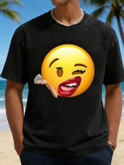Men's Winking Kissy Emoji with Cigarette Graphic Short Sleeve T-Shirt