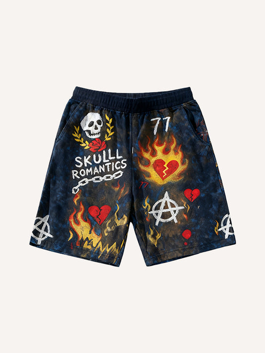 Hand-painted graffiti-style flame shiny shorts