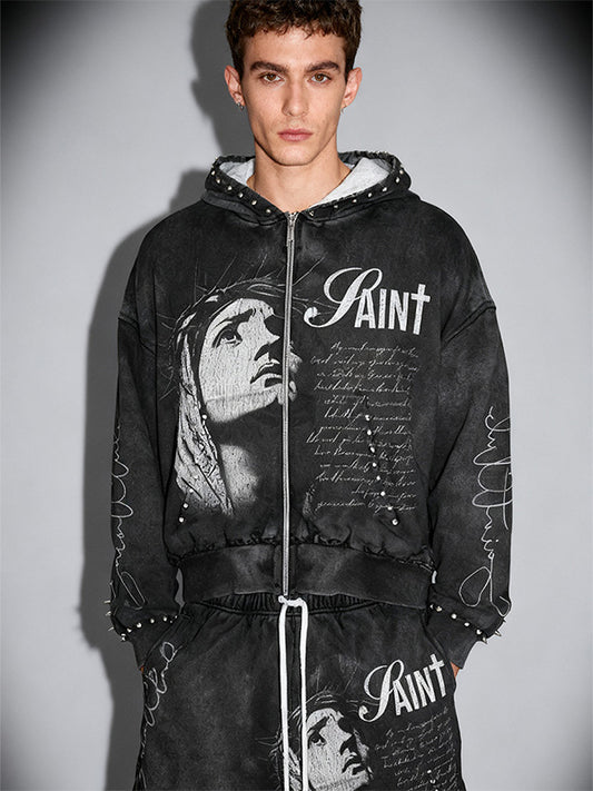 Zippered distressed Mary Bless Me trendy sweatshirt