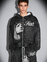 Zippered distressed Mary Bless Me trendy sweatshirt