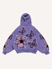 Butterfly&Floral Faux Decal Print Slant Pockets Hoodie