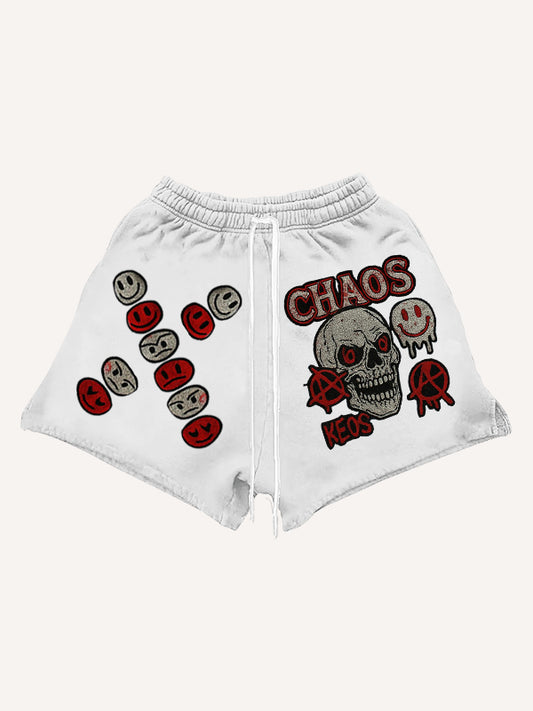 Washed skull applique textured print high-end fashion shorts