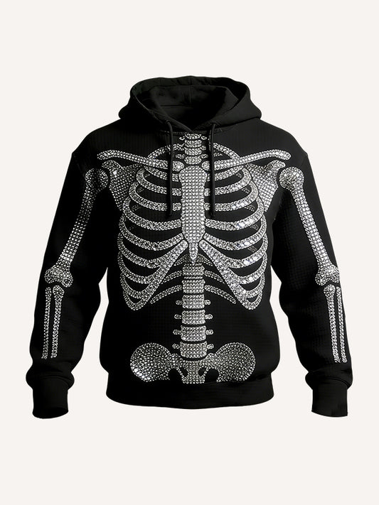 Rhinestone Skeleton Rib Cage Hoodie - Black Gothic Punk 3D Sparkly Graphic Pullover Sweatshirt