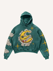 Classic sun and moon embroidered effect printed warm sweatshirt