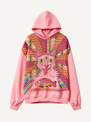 Cosmic Devouring Cat and Its Fish Print Textured Sweatshirt