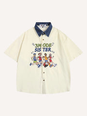 Figure&Letter Embroidery Splicing Denim Collar Shirt