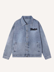 Distressed Washed Letter Embroidery Denim Jacket