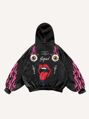 Eyeball Fire Tongue Letter Graphic Print Slant Pockets Hoodie