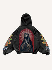 Mary Pray Cross Print Slant Pockets Hoodie