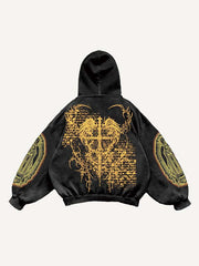 Mary Pray Cross Wing Graphic Heart Print Slant Pockets Hoodie