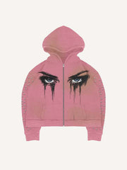 Eye&Graphic Print Zip Up Hooded Coat