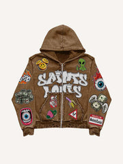 Smiley Face&Alien&Skeleton&Money&Wing&Eyeball&Letter&Graphic Faux Decal Print Zip Up Hooded Coat