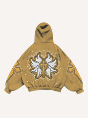 Cross Wing Letter Faux Decal Print Slant Pockets Hoodie
