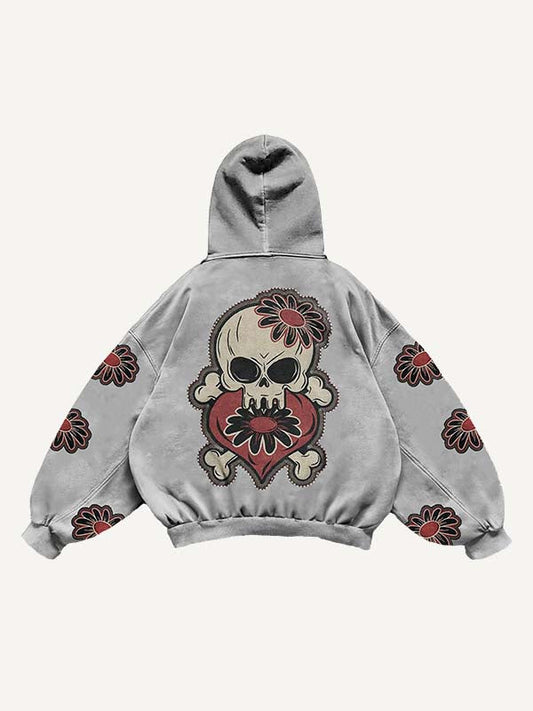 Skull Floral Heart Print Slant Pockets Hoodie