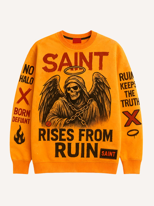 New printed crewneck sweatshirt that looks like a devil but is actually an angel
