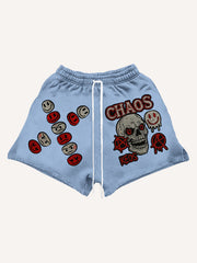 Washed skull applique textured print high-end fashion shorts