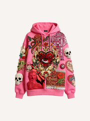 Color-blocked heart and skull print trendy sweatshirt
