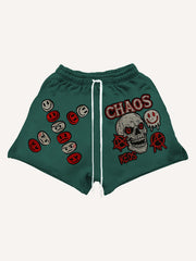 Washed skull applique textured print high-end fashion shorts