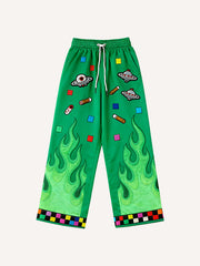 Passionate Classic Skull Print Maple Leaf Burning Y2K Trousers