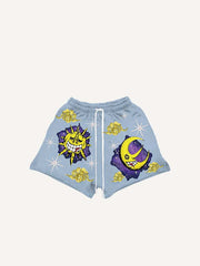 Evil Sun&Moon&Cloud&Graphic Print Drawstring Waist Shorts
