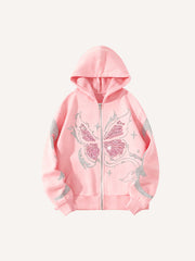 Rhinestone Butterfly Print Y2K Hoodie