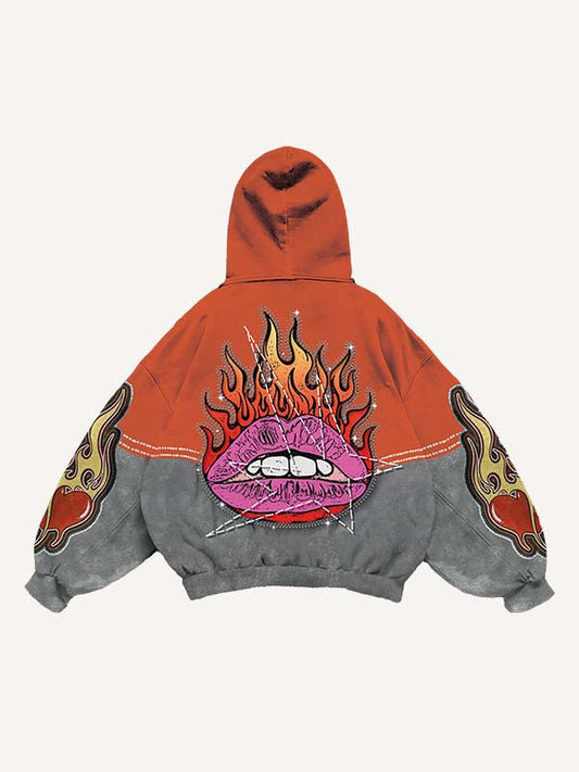 Colorblock Lips Fire Heart Letter Faux Decal Print Slant Pockets Hoodie
