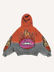 Colorblock Lips Fire Heart Letter Faux Decal Print Slant Pockets Hoodie