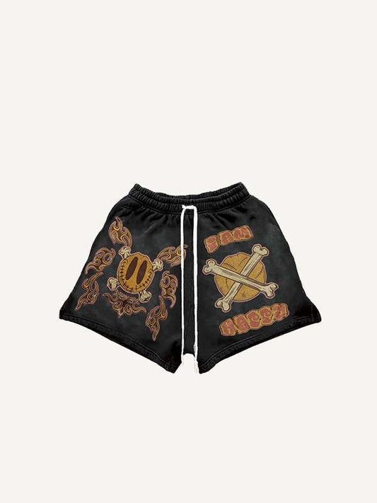 Smiley Face&Skeleton&Graphic Print Drawstring Waist Shorts