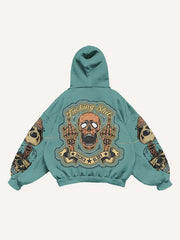Cross Skull Gesture Letter Faux Decal Print Slant Pockets Hoodie