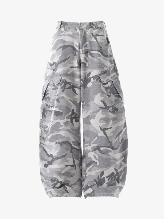 Woven Snow Camouflage Machete Wide-Leg Cargo Barrel Pants