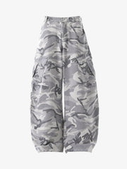 Woven Snow Camouflage Machete Wide-Leg Cargo Barrel Pants