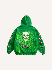 Passionate Classic Skull Print Maple Leaf Burning Y2K Hoodie