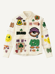 Stylish Christmas season-appropriate long-sleeved shirt with a patchwork print of various patterns