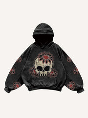 Skull Floral Heart Print Slant Pockets Hoodie