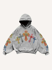 Mary Pray Cross Print Slant Pockets Hoodie