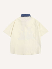 Figure&Letter Embroidery Splicing Denim Collar Shirt