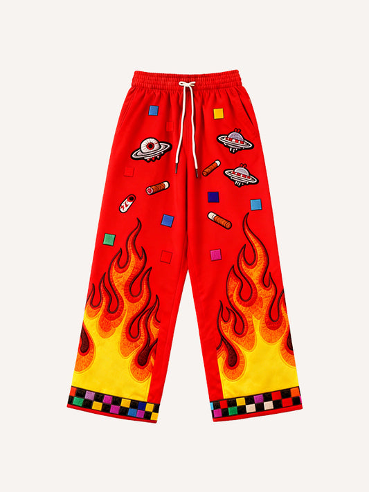 Passionate Classic Skull Print Maple Leaf Burning Y2K Trousers
