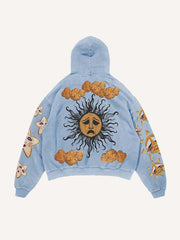 Sad Sun&Eye&Cloud&Graphic Print Slant Pockets Hoodie
