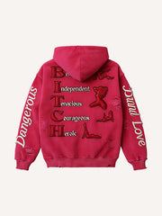 Do not touch the dangerous woman is red lips - Corduroy print hooded sweatshirt