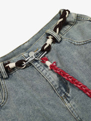 Denim Retro Belt Detail With Patchwork Barrel Jeans - 2490
