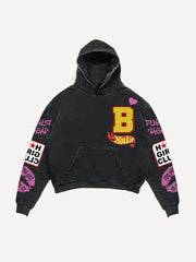 Figure&Lips&Heart&Letter Faux Decal Print Slant Pockets Hoodie